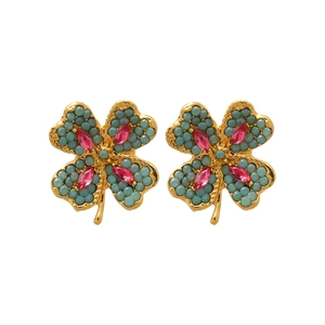 New Chinese style clover earrings with gold metal and mint green beads for women