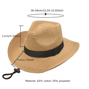 Khaki woven western cowboy hat with black band and adjustable chin strap, 56-58cm fit