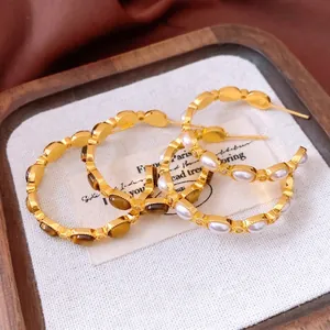 Vintage 18K gold plated C-shape hoop earrings with pearl and tiger eye stone