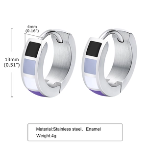 Detail view showing 4mm width and 13mm diameter of multi-colored enamel steel hoop earrings