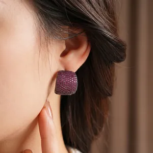 Vintage style square silver stud earrings with purple zircon pavé setting for women
