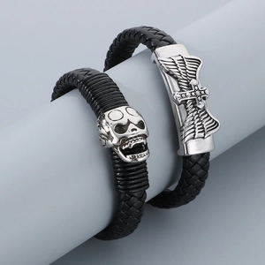 Punk black braided leather bracelet with silver lion and skull stainless steel charms