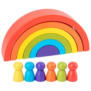 Wooden rainbow stacking blocks with six colorful arch pieces and matching peg dolls set