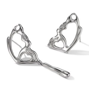 Asymmetric silver liquid metal butterfly stud earrings with long pendant on white background