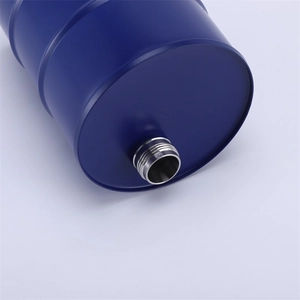 Detail view of the 750ml blue stainless steel Jerry Can flask with silver threaded nozzle