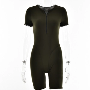 Close-up of a dark green short sleeve bodysuit with a functional front zipper closure