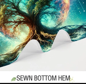Detailed close-up of sewn bottom hem on sun and moon tree fantasy shower curtain
