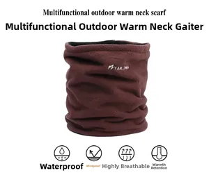 Detail of thickened fleece neck warmer in brown with professional outdoor embroidery