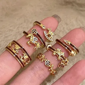 Gold Plated Copper Open Ring Enamel Hollow Horse Ancient Coin Zircon Adjustable Retro Luxury Jewelry For Women