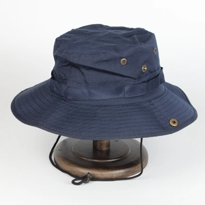 Navy blue outdoor tactical boonie hat with wide brim and adjustable chin strap