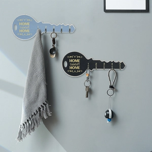 European vintage wood wall key holder with five metal hooks and Home Sweet Home text
