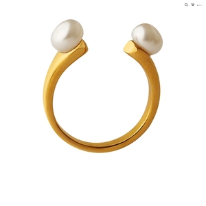 Baroque Natural Freshwater Pearl Open Ring Gold Plated Titanium Steel U-Shape Adjustable Minimalist Jewelry For Women