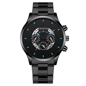 Classic black steel business watch for men with blue index markers by Geneva brand
