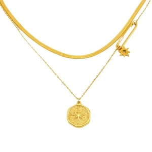French vintage double-layered stainless steel necklace with gold starburst pendant