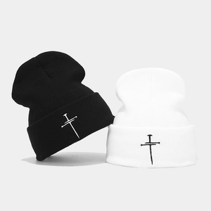 Cross Embroidery Knitted Beanie Hat Acrylic Ribbed Warm Winter Streetwear Punk Style For Men Women