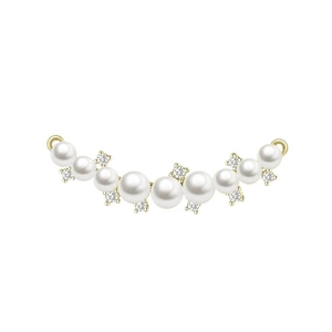 Detail of curved white pearl and square zircon pendant on gold-plated jewelry component