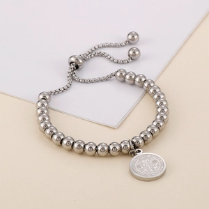 Bracciale a sfere in acciaio inossidabile con medaglia di San Benedetto e chiusura a scorrimento