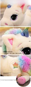 Close-up of rainbow unicorn plush with soft rabbit fur texture and star embroidery