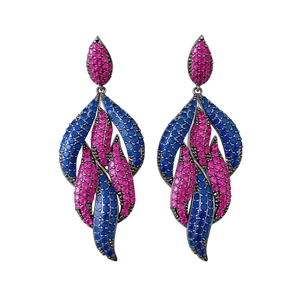 Vintage style leaf drop earrings with pink and blue zircons in dark gunmetal finish