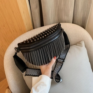 Women Quilted PU Leather Waist Bag Metal Tassels Studs Decoration Wide Woven Strap Half Moon Chest Bag