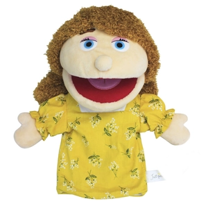 Family hand puppet toy for kids featuring a girl with brown hair and yellow floral dress