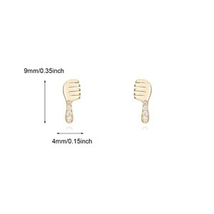 Detailed dimensions of golden comb stud earrings with clear gems 9mm by 4mm size
