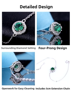 Detailed views of emerald pendant with four-prong setting and 5cm extension chain