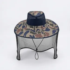 Camo outdoor sun hat with wide brim, mesh neck cover and breathable polyester fabric