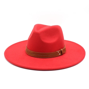 Classic red wide-brim wool fedora hat with brown studded leather band for men and women