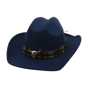 Dark blue felt cowboy hat with ethnic woven band and silver bull head metal ornament