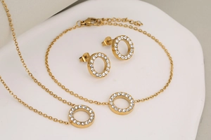 Detail view of gold stainless steel jewelry set with crystal circles on a display