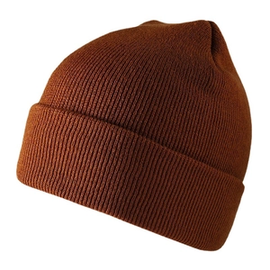 Solid color acrylic knit beanie hat in dark brown with folded cuff for winter outdoor