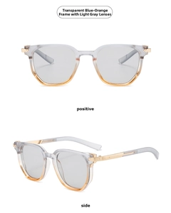 Square double bridge sunglasses with blue and orange gradient frames and grey lenses
