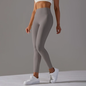 Close-up of seamless dark grey high-waisted yoga leggings with butt-lifting compression