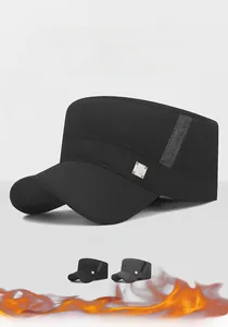 Detail of military flat top cap with silver fashion studs and gray striped ribbon trim