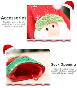 Macro detail of a small sequined Christmas stocking with 3D Santa ornament and fabric lining