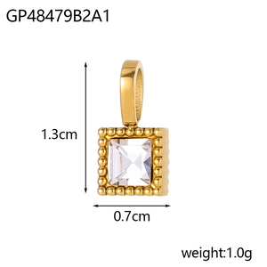 Detail view of gold square zircon pendant showing dimensions 1.3cm by 0.7cm and weight
