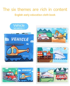 Detail view of baby cloth book showing colorful vehicle illustrations and English words