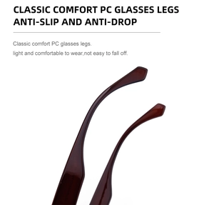 Detail of ergonomic dark amber PC temple arms with anti-slip curve for square sunglasses