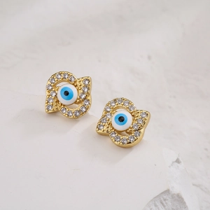 18K gold plated evil eye stud earrings with blue enamel and micro-pave zircons