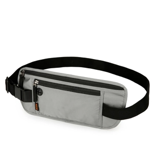 Grey waterproof running belt bag with RFID protection and adjustable waist strap