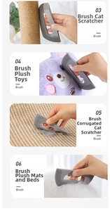 Detail showing pet hair remover brush efficiency on cat trees and soft plush fabrics