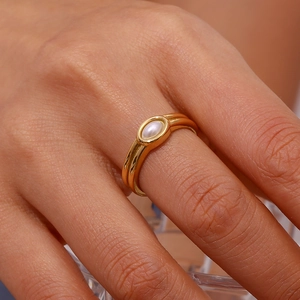 Minimalist 18K gold plated stainless steel ring with oval white stone inlay for women