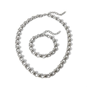 Polished stainless steel beaded necklace and bracelet set with adjustable lobster clasps