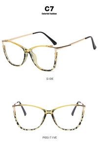 Detail view of cat eye glasses with leopard print frame and gold metal temples