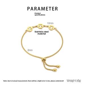 Detail of adjustable stainless steel bracelet with hollow H charms and box chain