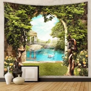 Wandteppich mit europäischer Gartenlandschaft, Torbögen und Schwanensee zur Dekoration