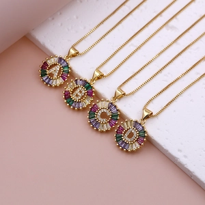 Gold alphabet pendant necklace with colorful cubic zirconia stones A B C D styles