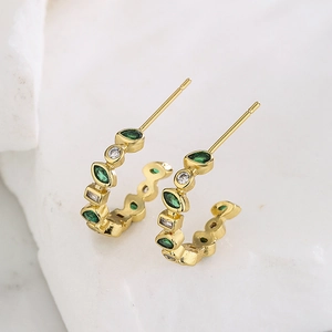Elegant 18K gold plated copper hoop earrings with green marquise and clear zircon stones