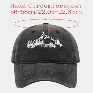 Detail view of washed gray cotton baseball cap showing 56-58cm head size measurements